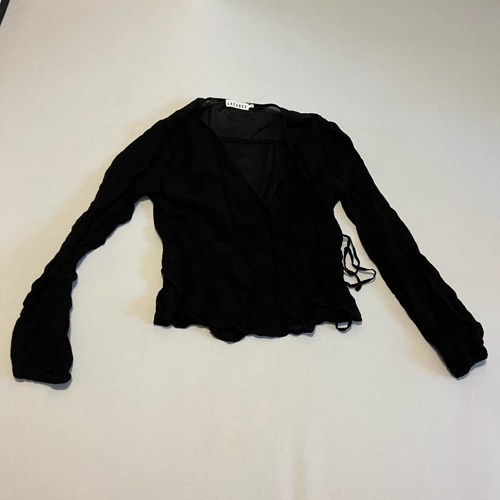 LACAUSA Black gauze wrap long sleeve top blouse S - Picture 2 of 9